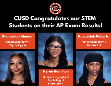  Graphic with photos of three STEM students with the scores on their AP exams